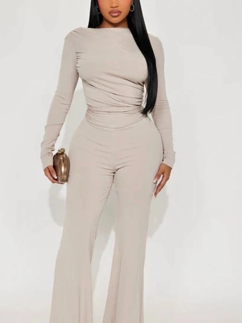 Fashion Nova Isabella Ribbed Long Sleeve Jumpsuit Flare-Leg Jumpsuit Beige Large